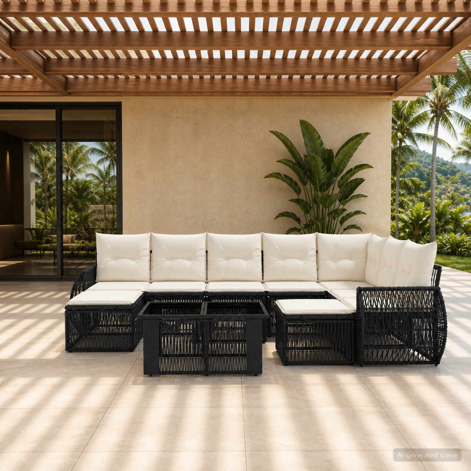 Gartensofa-set 10 stk. Schwarz und Cremeweiß Poly-Rattan