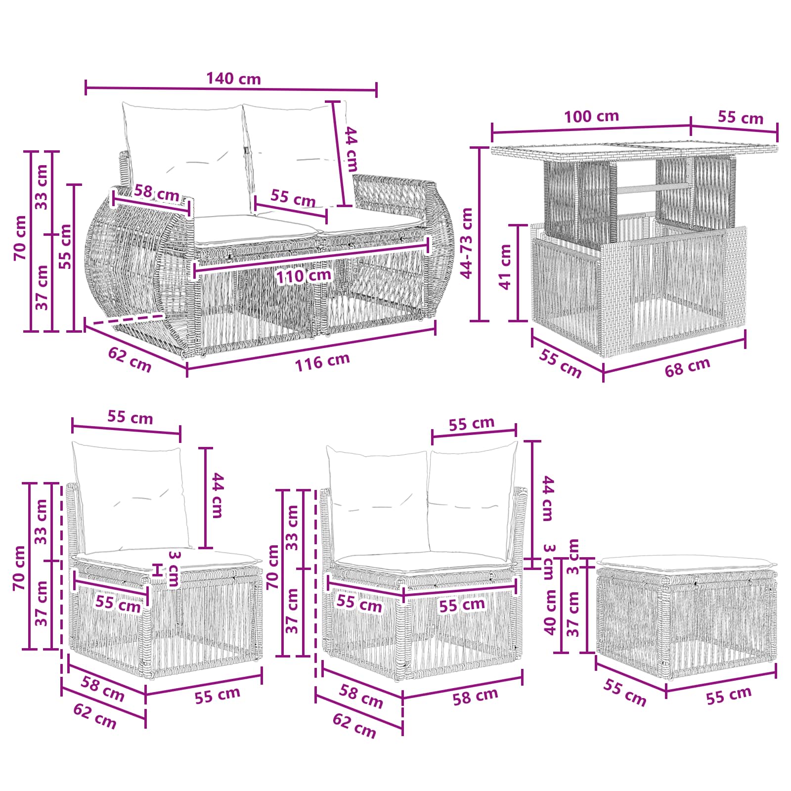 Gartensofa-set 10 stk. Grau und Dunkelgrau Poly-Rattan