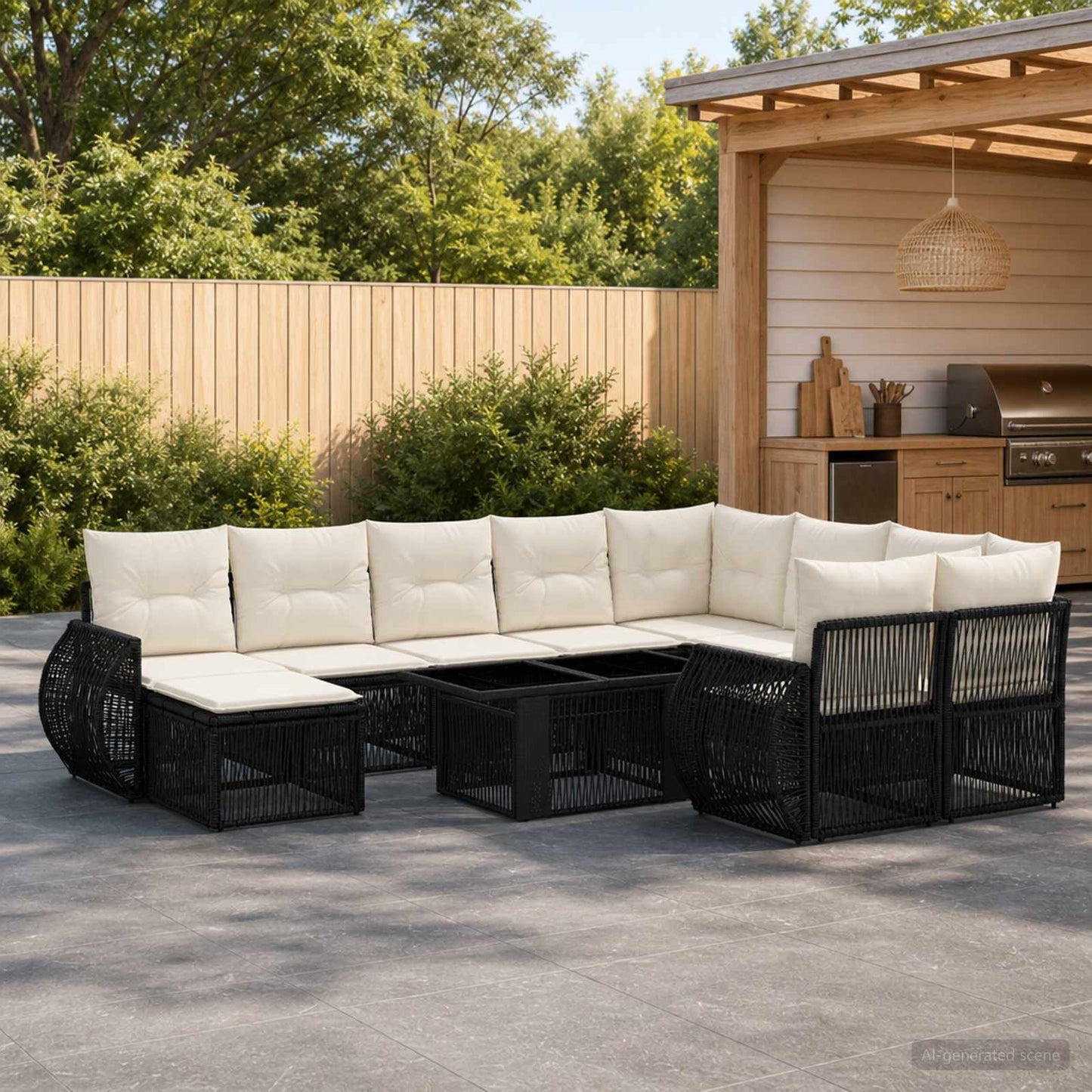 Gartensofa-set 11 stk. Schwarz und Cremeweiß Poly-Rattan