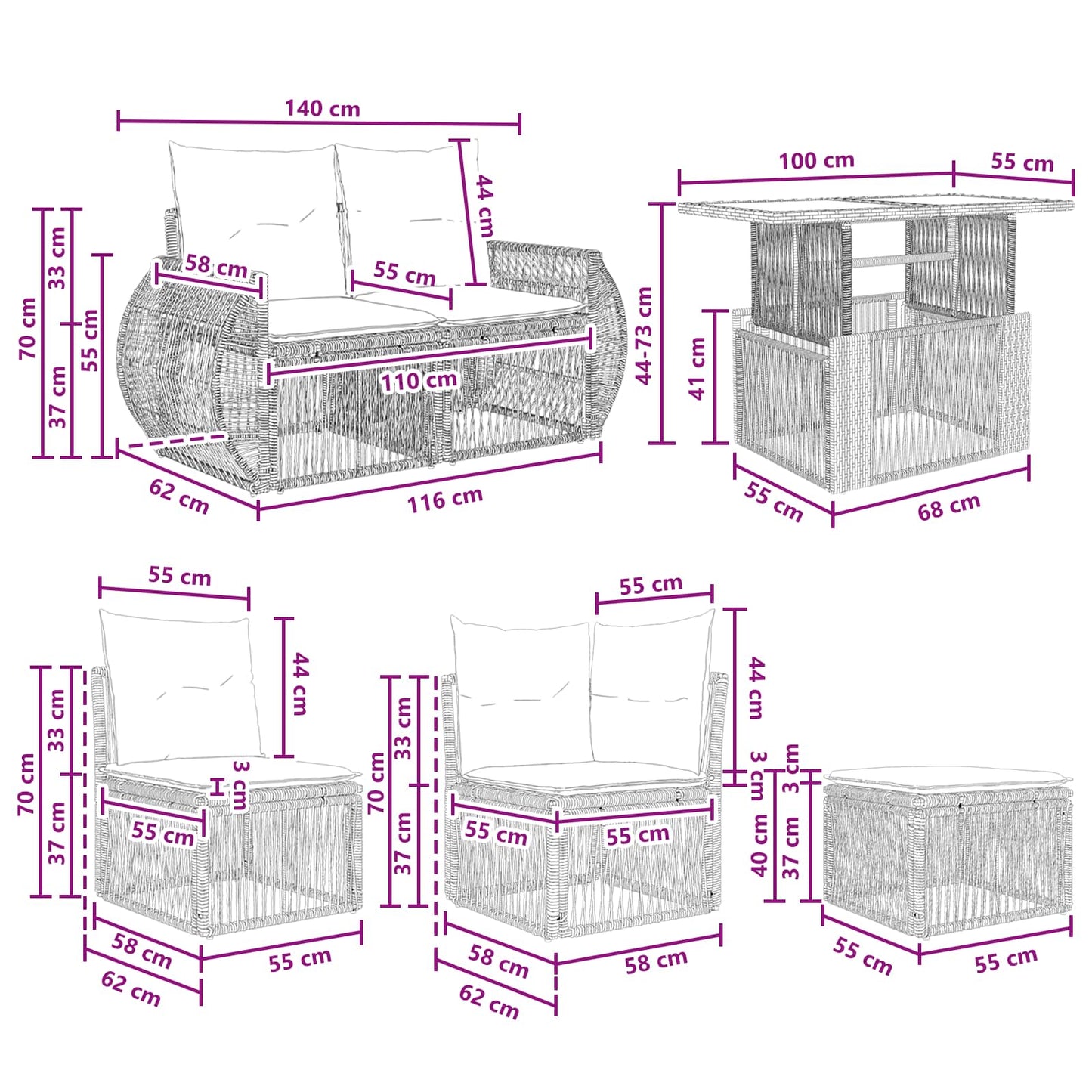 Gartensofa-set 13 stk. Grau und Dunkelgrau Poly-Rattan