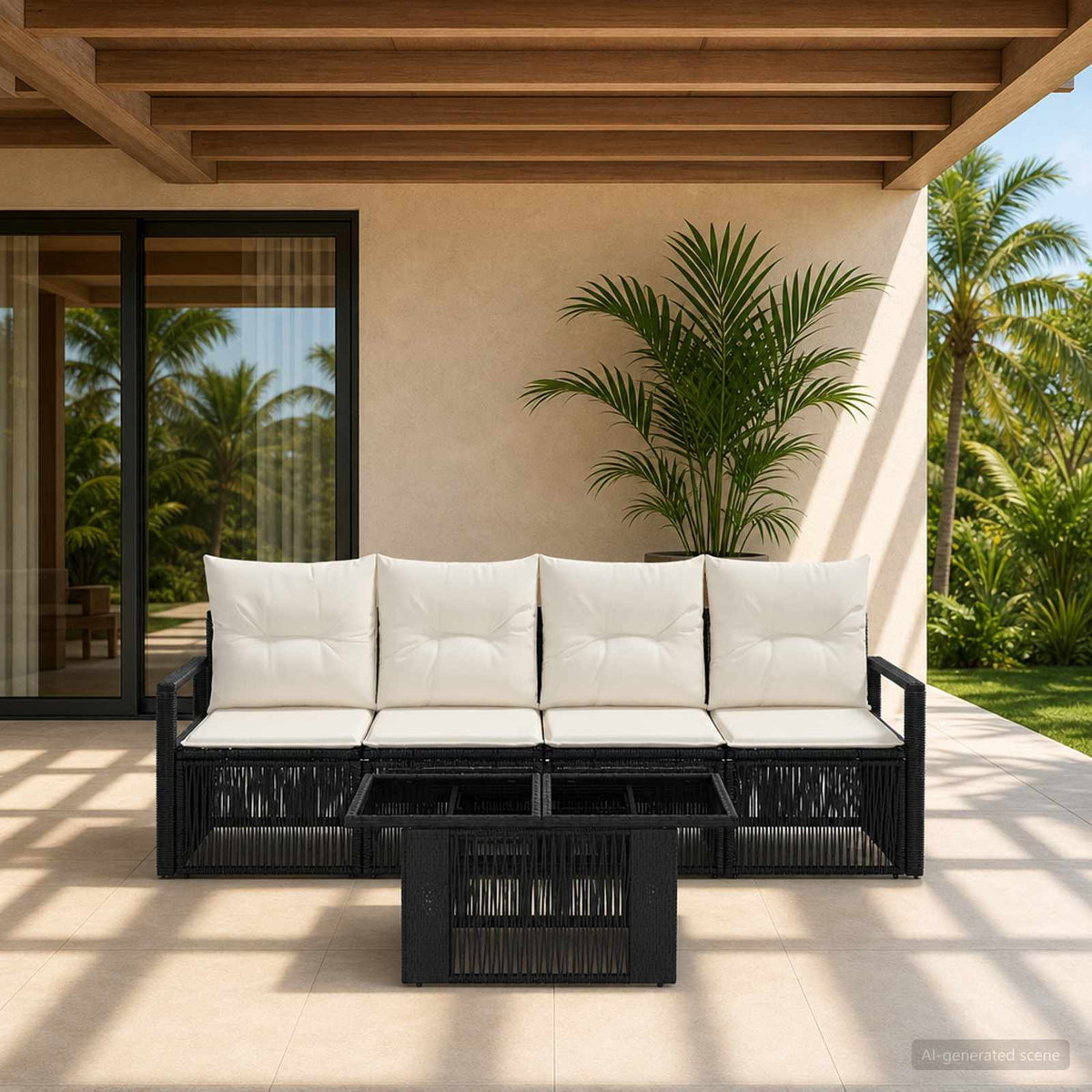 Gartensofa-set 5 stk. Schwarz und Cremeweiß Poly-Rattan