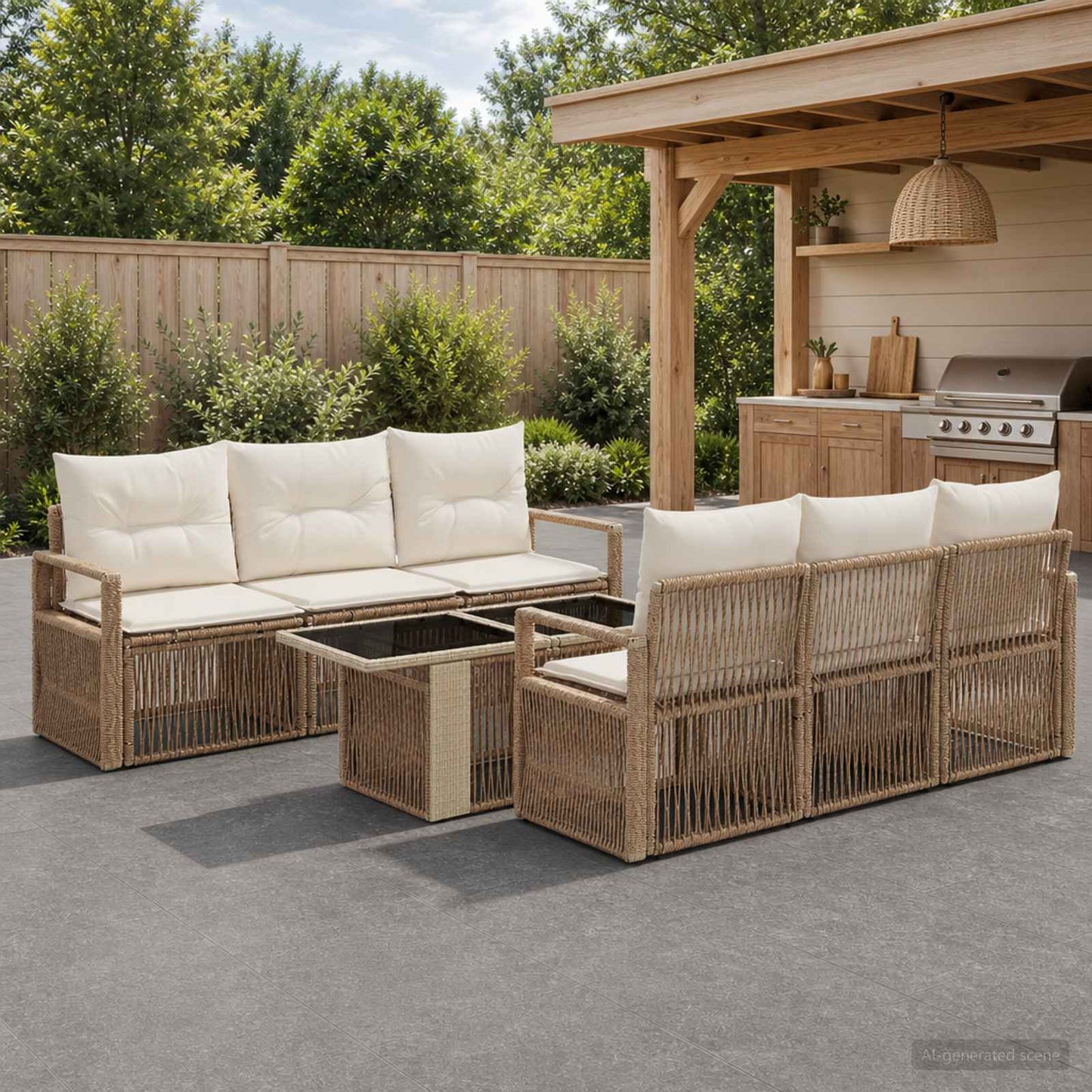 Gartensofa-set 7 stk. Beige und Cremeweiß Poly-Rattan
