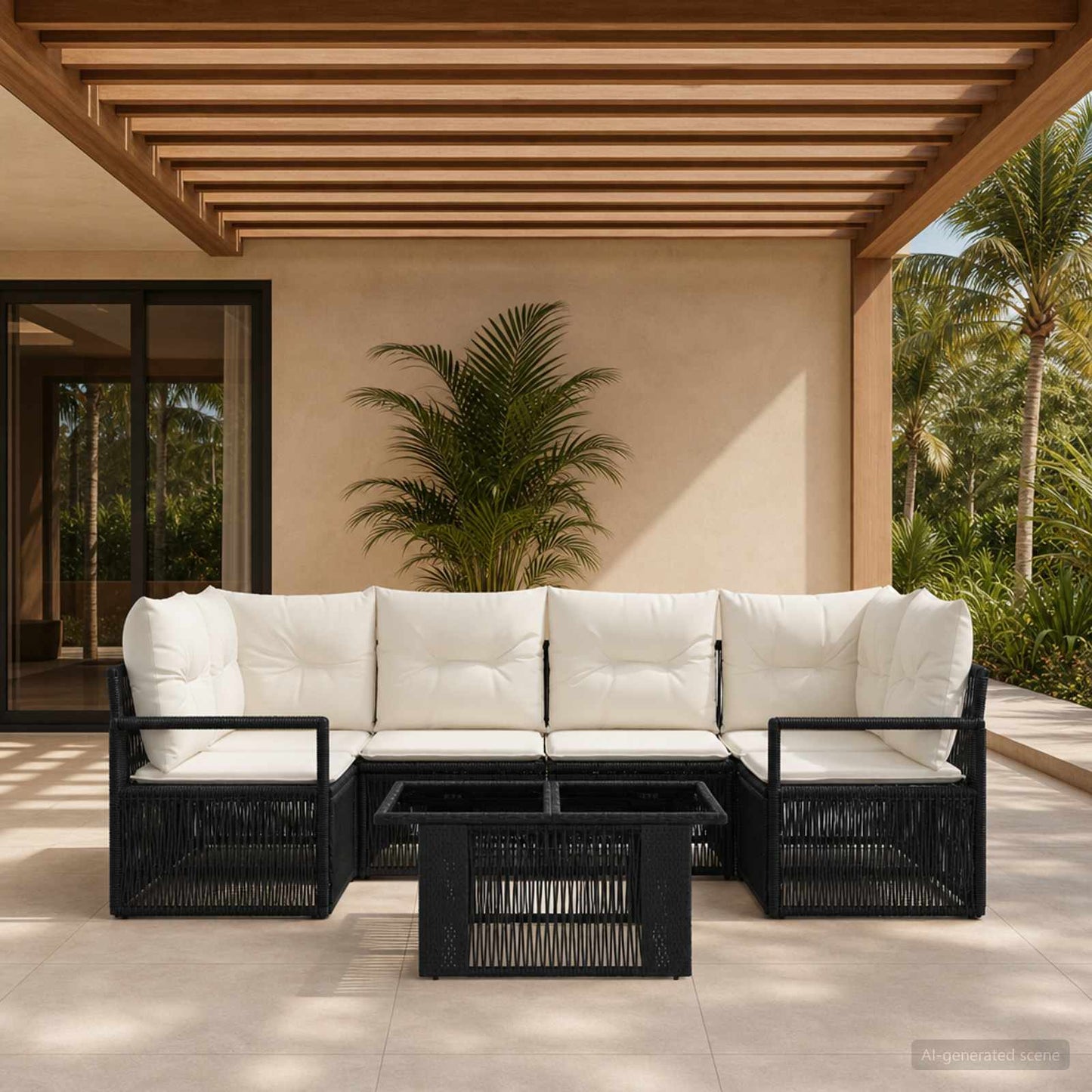 Gartensofa-set 7 stk. Schwarz und Cremeweiß Poly-Rattan