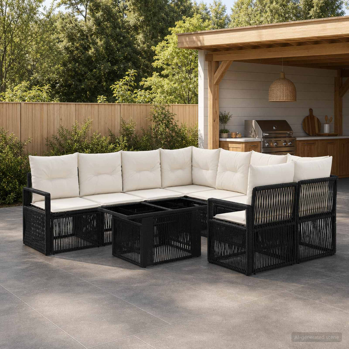 Gartensofa-set 9 stk. Schwarz und Cremeweiß Poly-Rattan