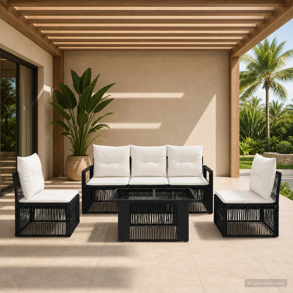 Gartensofa-set 6 stk. Schwarz und Cremeweiß Poly-Rattan