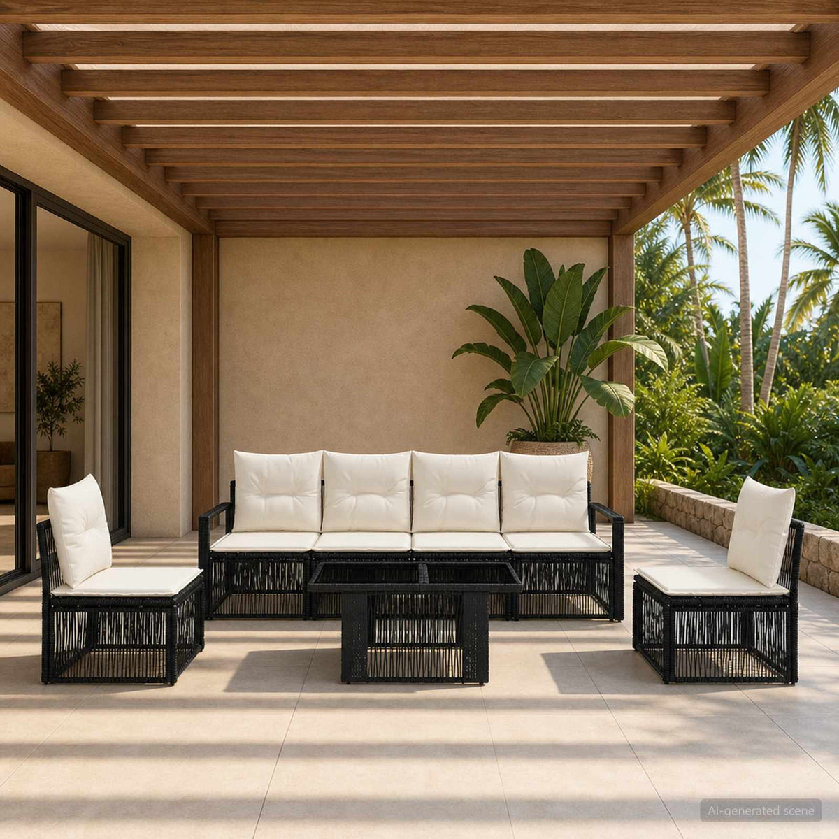 Gartensofa-set 7 Stk. Schwarz und Cremeweiß Poly-Rattan