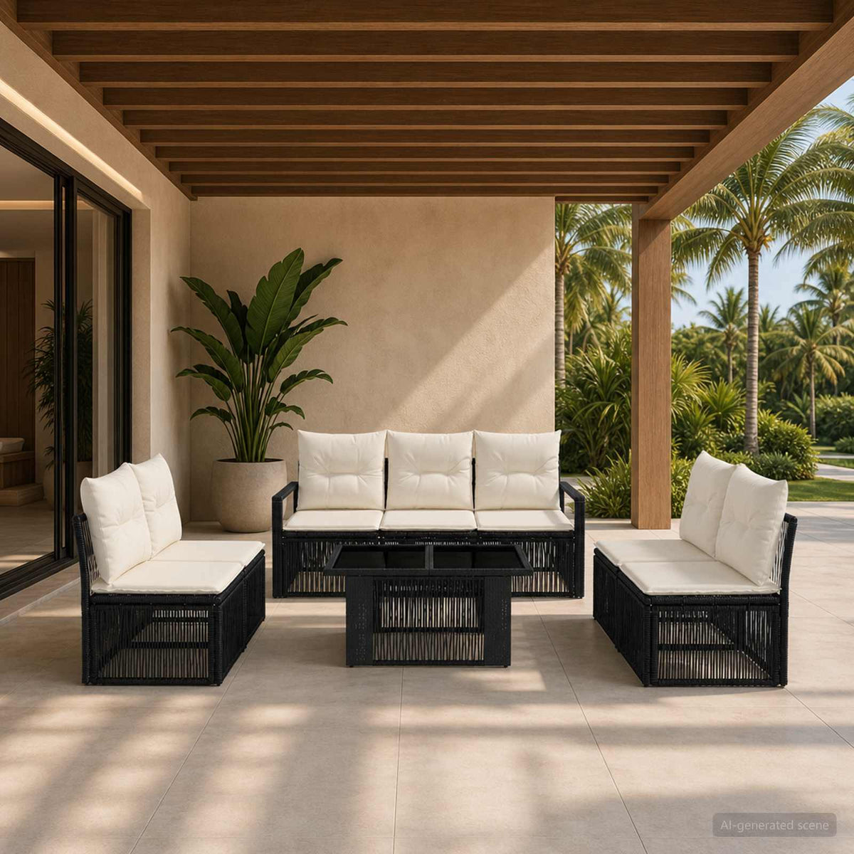 Gartensofa-set 8 stk. Schwarz und Cremeweiß Poly-Rattan