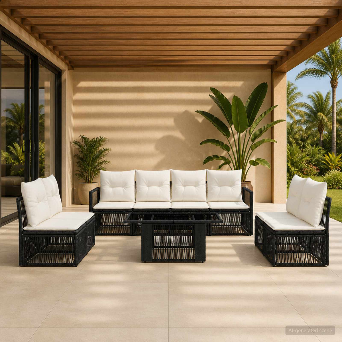 Gartensofa-set 9 stk. Schwarz und Cremeweiß Poly-Rattan
