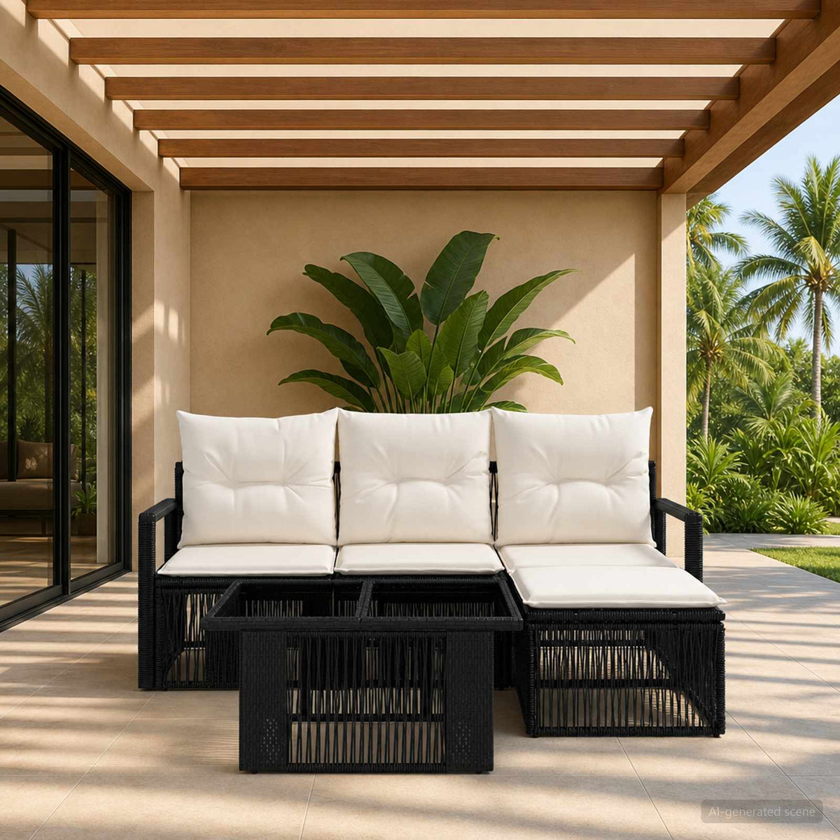 Gartensofa-set 5 stk. Schwarz und Cremeweiß Poly-Rattan