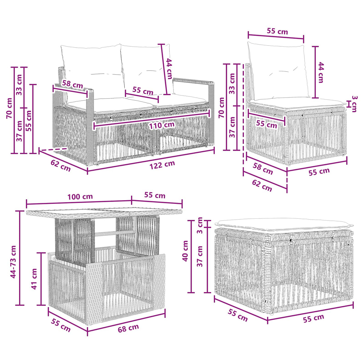 Gartensofa-set 6 stk. Schwarz und Cremeweiß Poly-Rattan