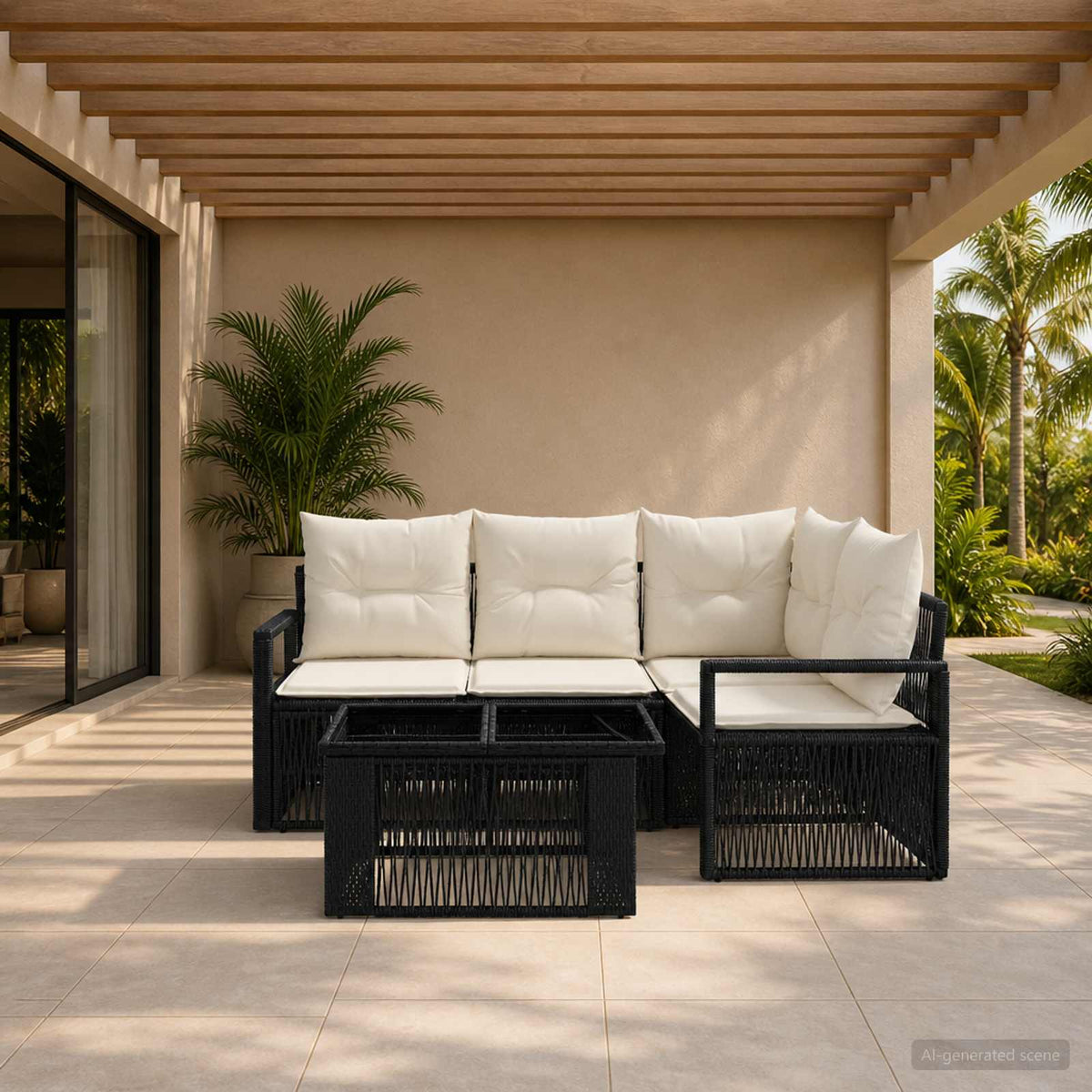 Gartensofa-set 5 stk. Schwarz und Cremeweiß Poly-Rattan