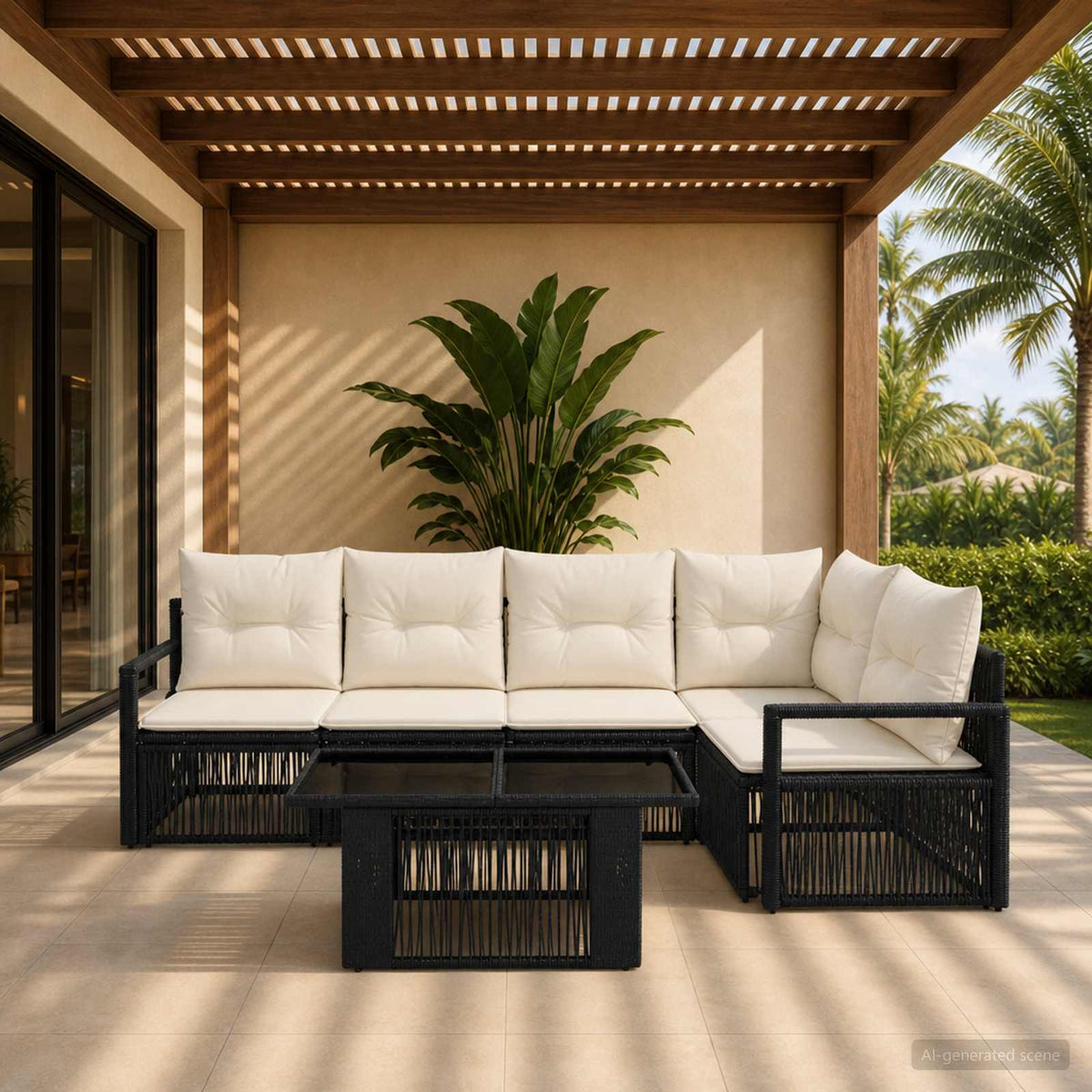 Gartensofa-set 6 stk. Schwarz und Cremeweiß Poly-Rattan