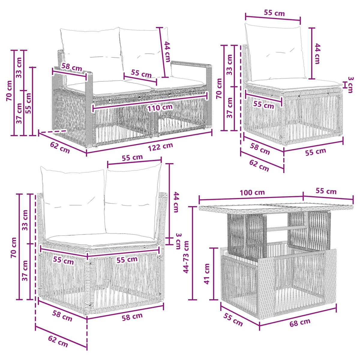 Gartensofa-set 6 stk. Schwarz und Cremeweiß Poly-Rattan