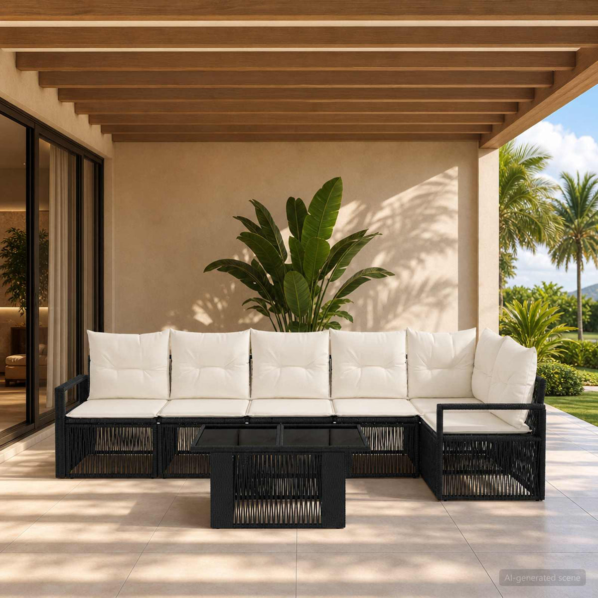 Gartensofa-set 7 stk. Schwarz und Cremeweiß Poly-Rattan