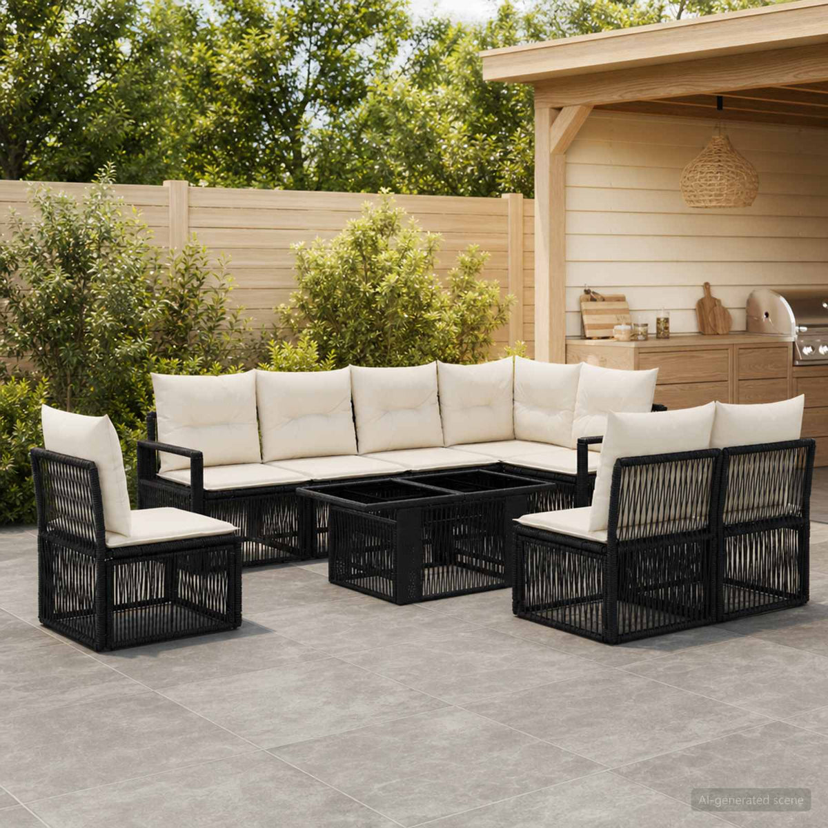 Gartensofa-set 9 stk. Schwarz und Cremeweiß Poly-Rattan