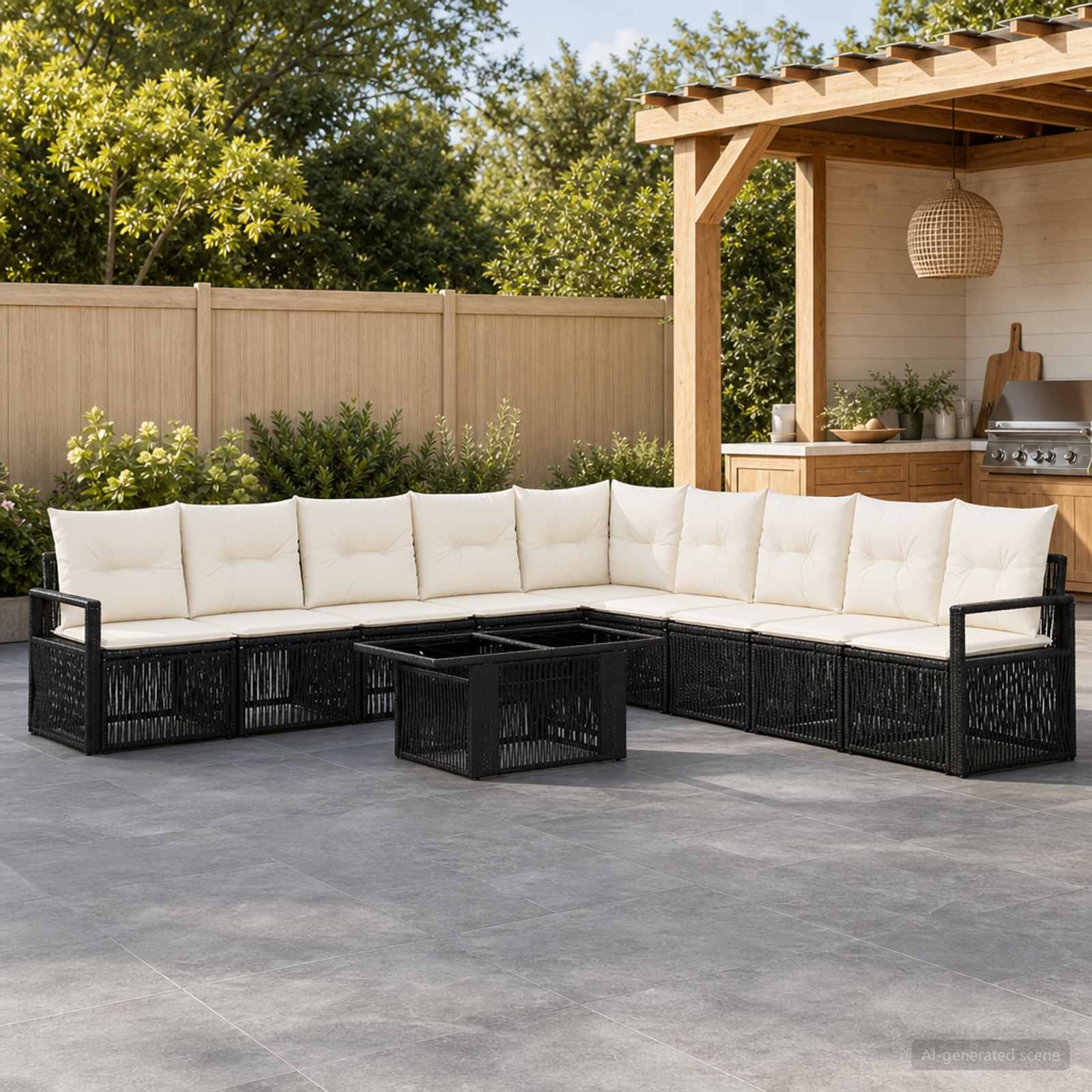 Gartensofa-set 10 stk. Schwarz und Cremeweiß Poly-Rattan