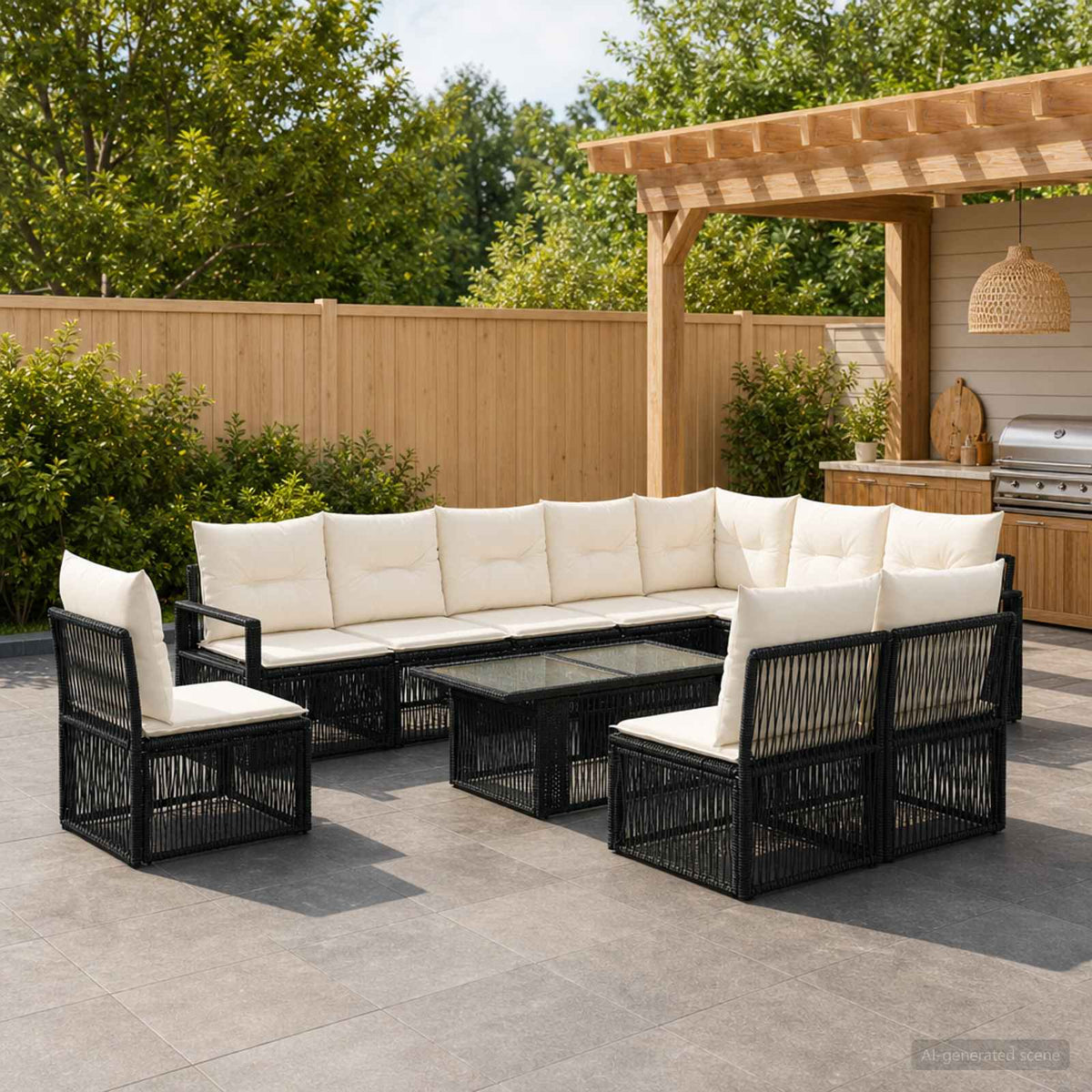 Gartensofa-set 11 stk. Schwarz und Cremeweiß Poly-Rattan