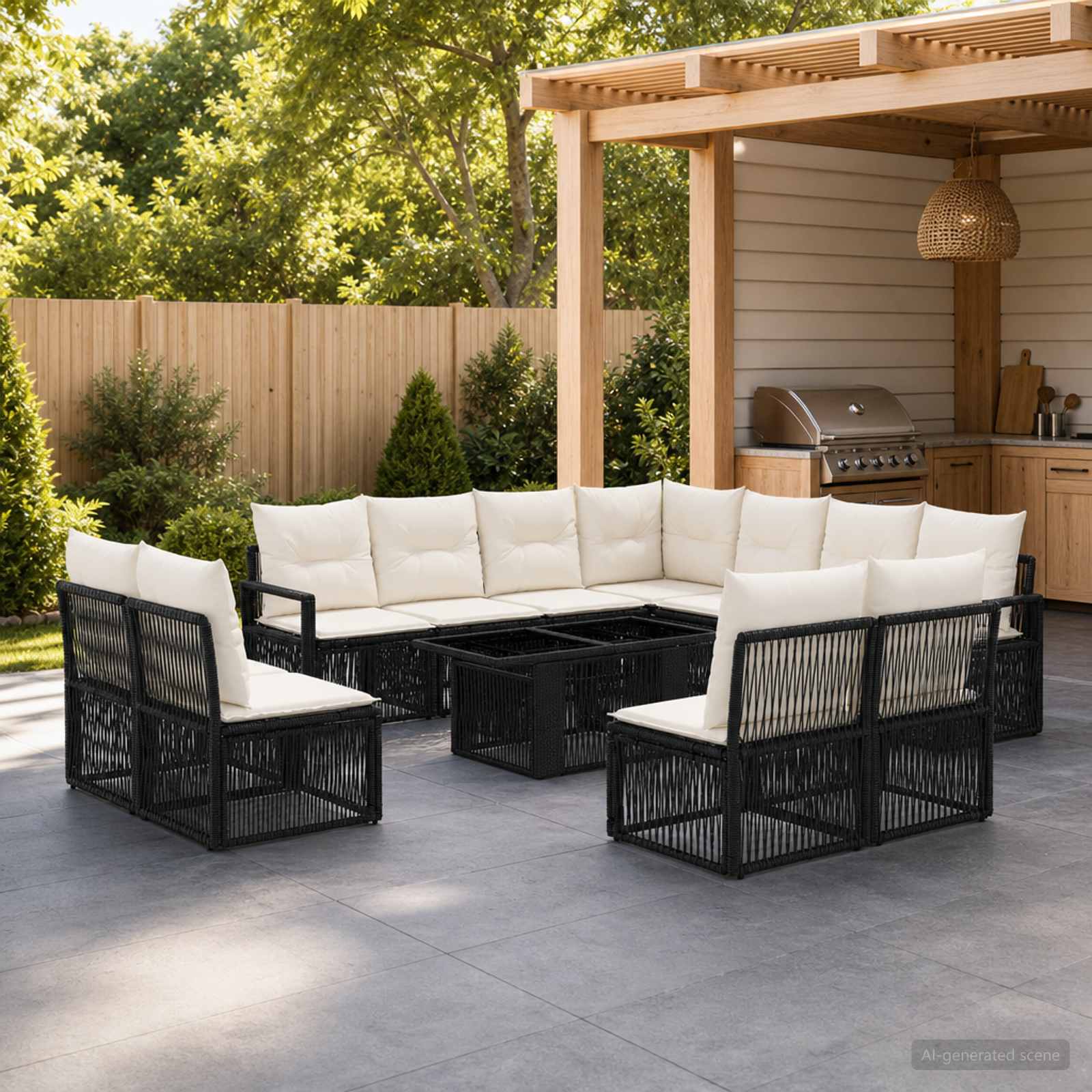Gartensofa-set 12 Stk. Schwarz und Cremeweiß Poly-Rattan