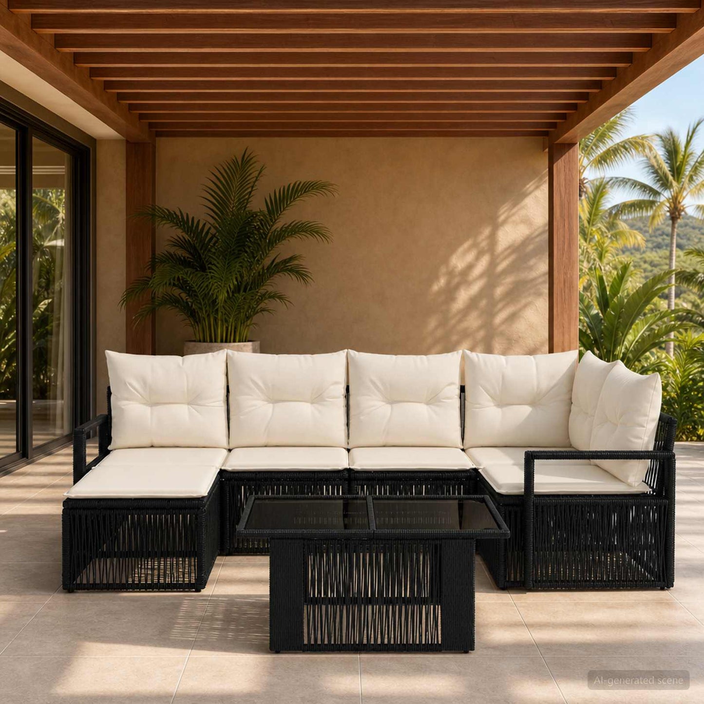 Gartensofa-set 7 stk. Schwarz und Cremeweiß Poly-Rattan