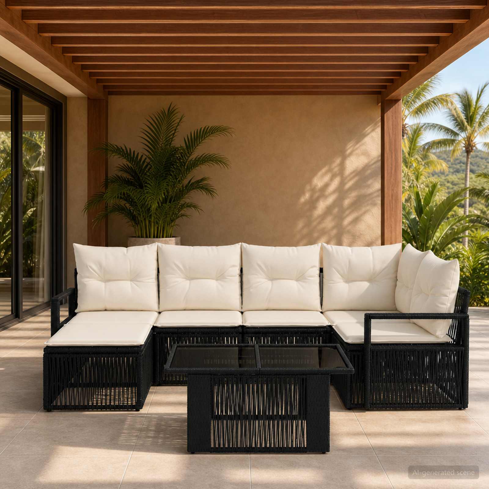 Gartensofa-set 7 stk. Schwarz und Cremeweiß Poly-Rattan