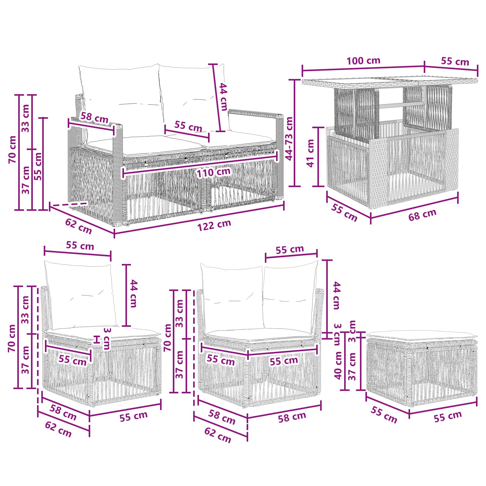 Gartensofa-set 7 stk. Schwarz und Cremeweiß Poly-Rattan