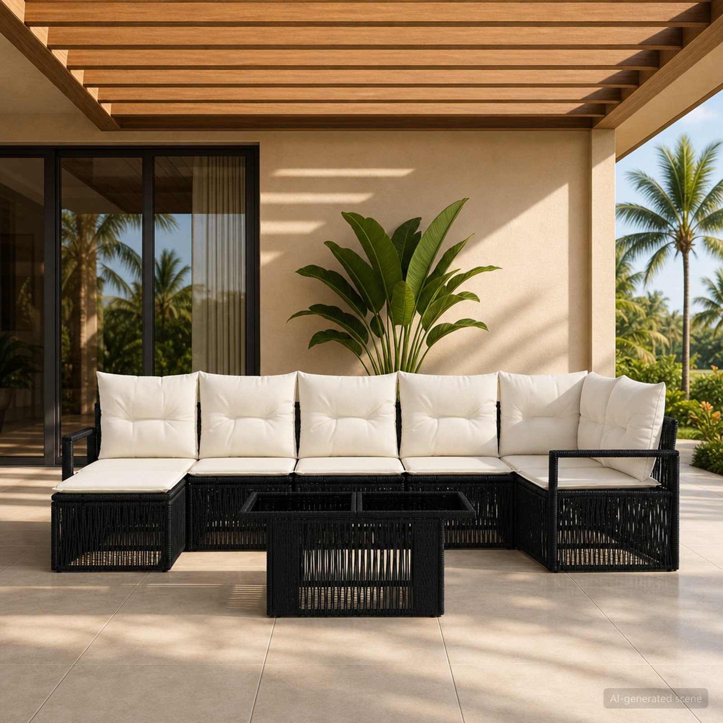 Gartensofa-set 8 stk. Schwarz und Cremeweiß Poly-Rattan