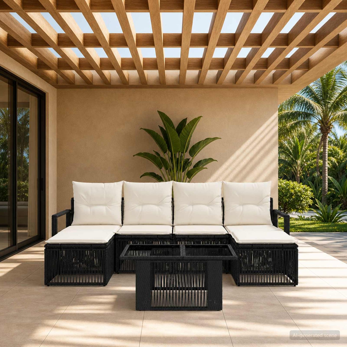 Gartensofa-set 7 stk. Schwarz und Cremeweiß Poly-Rattan