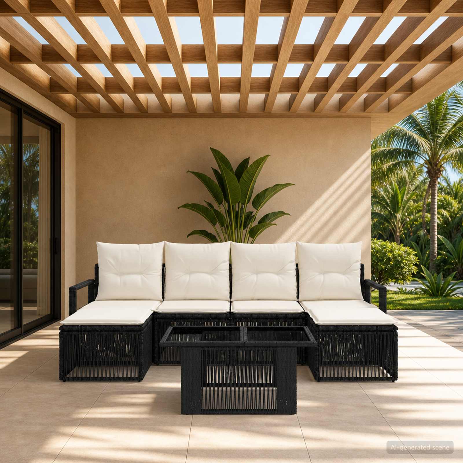 Gartensofa-set 7 stk. Schwarz und Cremeweiß Poly-Rattan