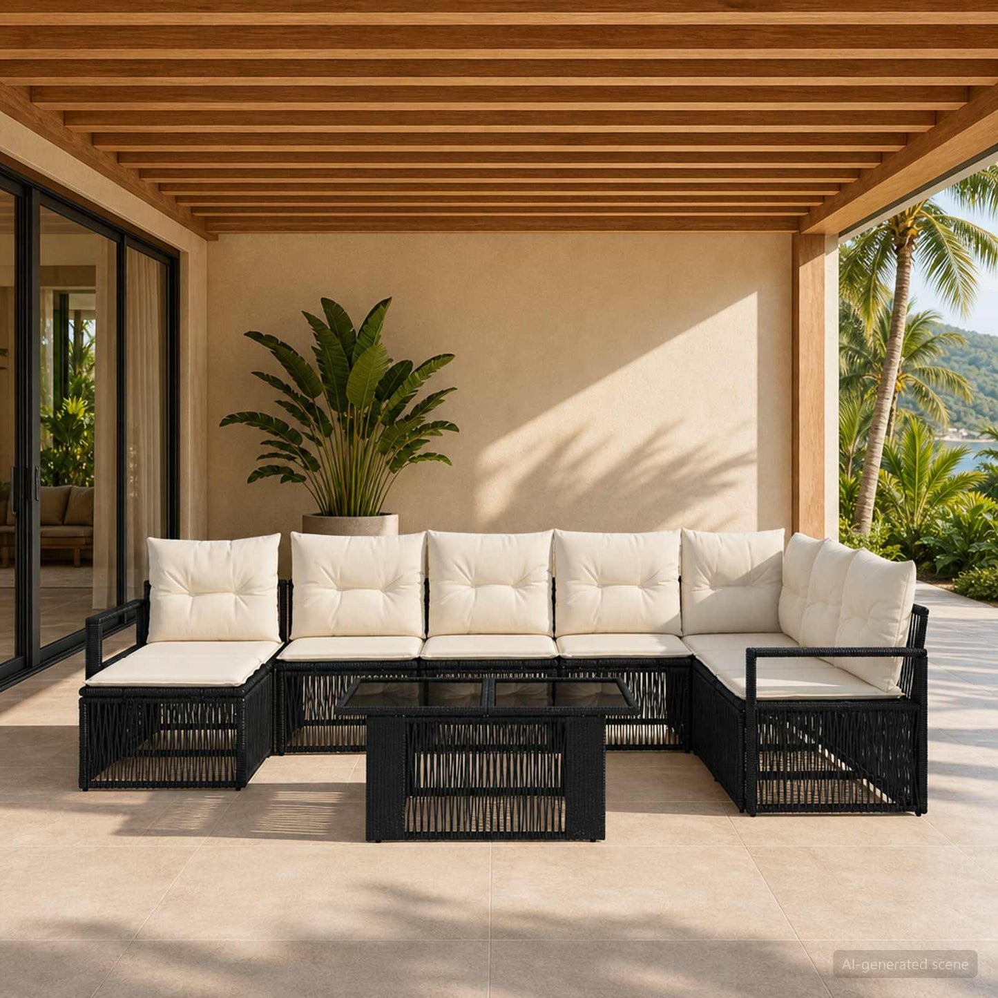 Gartensofa-set 9 stk. Schwarz und Cremeweiß Poly-Rattan