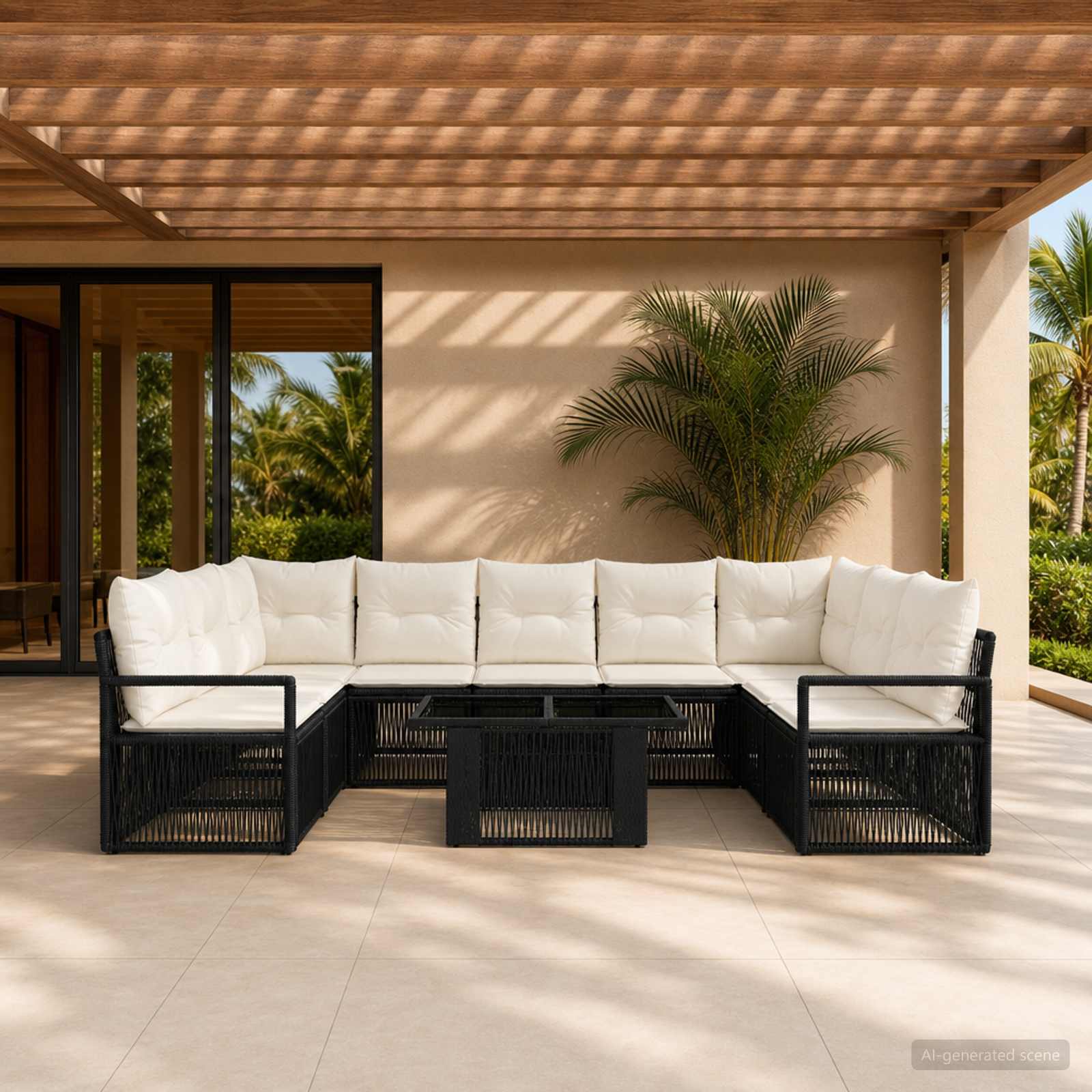 Gartensofa-set 10 stk. Schwarz und Cremeweiß Poly-Rattan