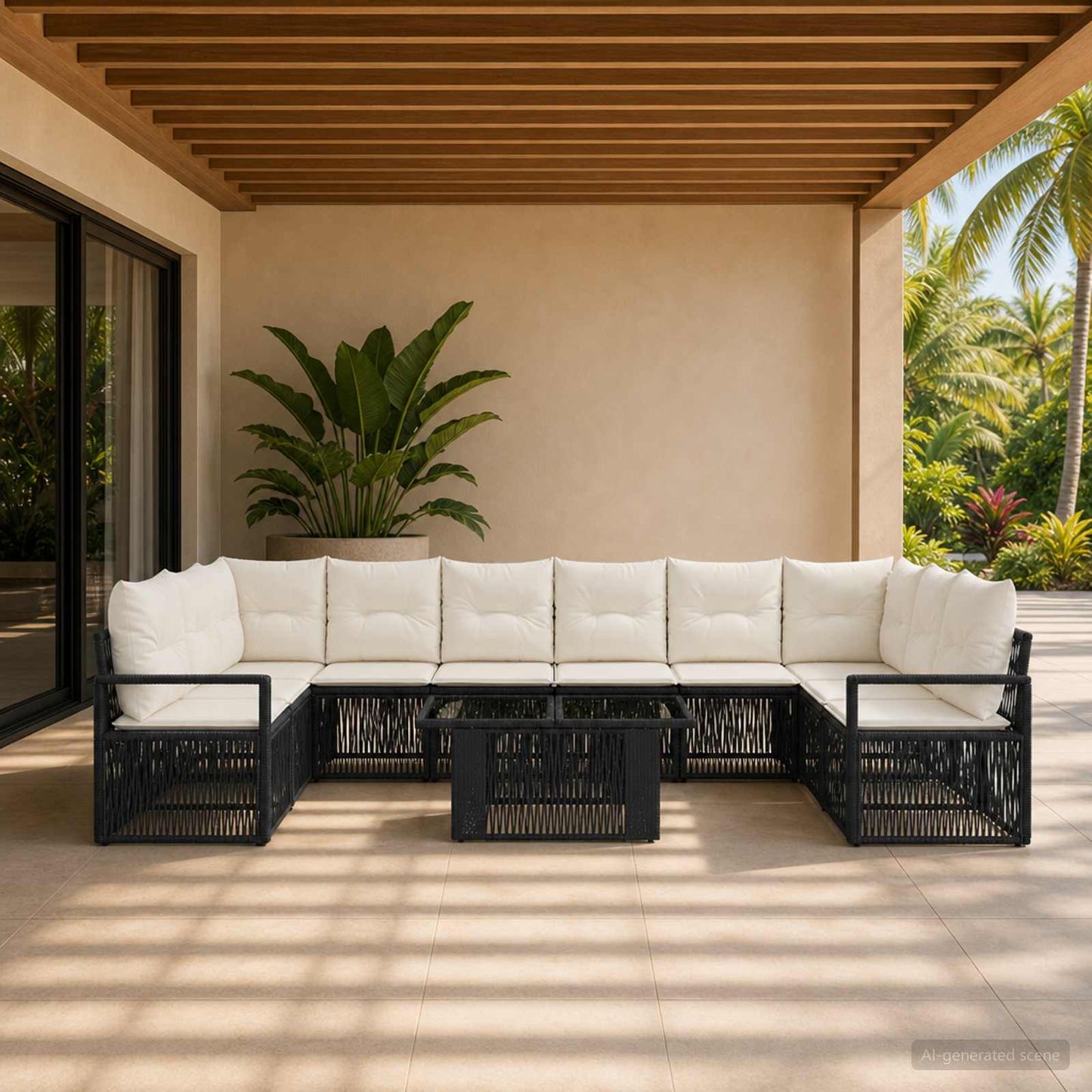 Gartensofa-set 11 stk. Schwarz und Cremeweiß Poly-Rattan