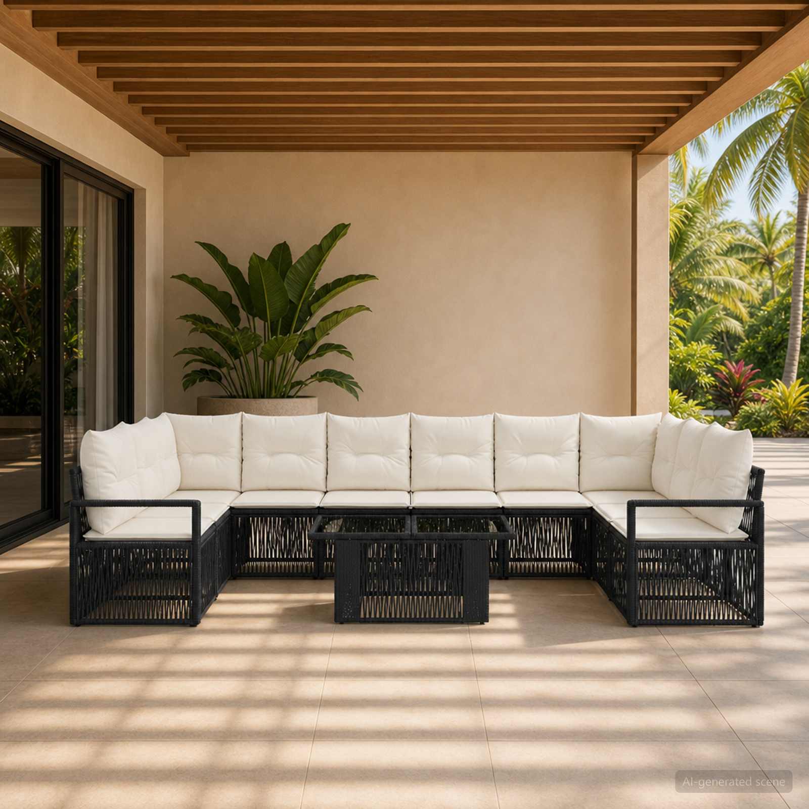 Gartensofa-set 11 stk. Schwarz und Cremeweiß Poly-Rattan