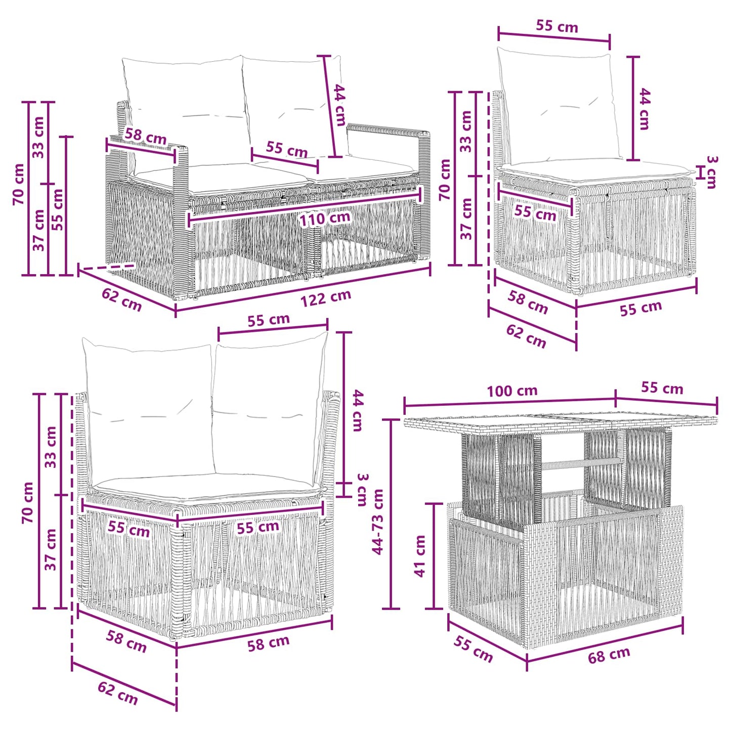 Gartensofa-set 11 stk. Grau und Dunkelgrau Poly-Rattan