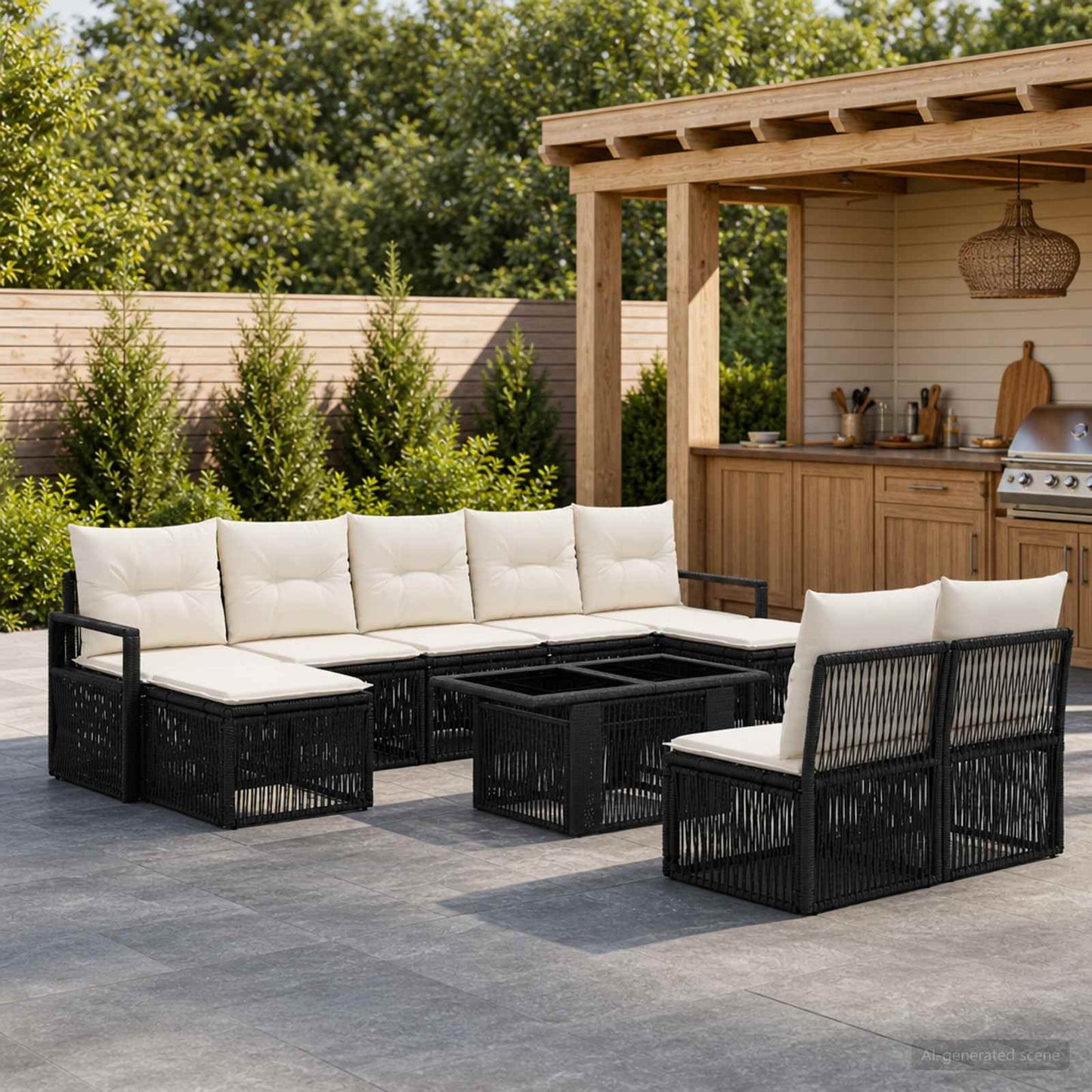 Gartensofa-set 10 stk. Schwarz und Cremeweiß Poly-Rattan