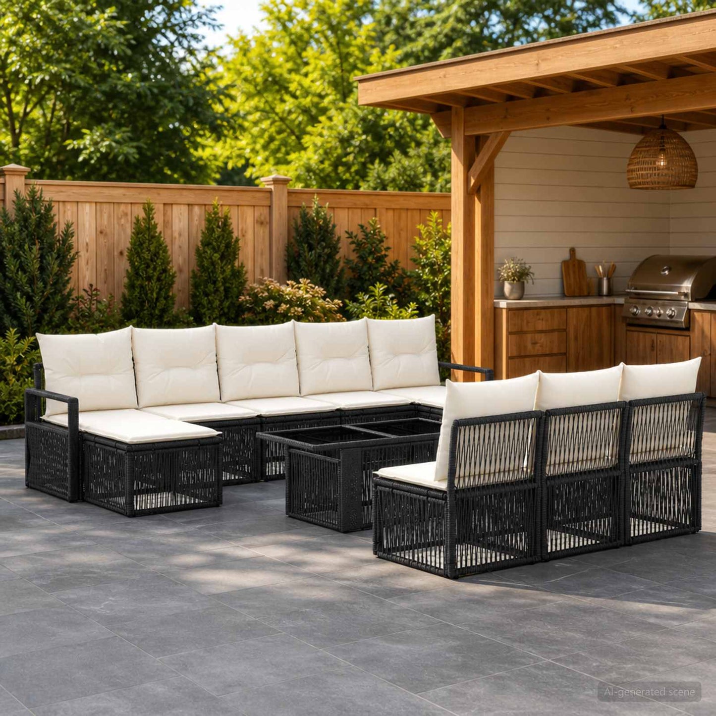 Gartensofa-set 11 stk. Schwarz und Cremeweiß Poly-Rattan