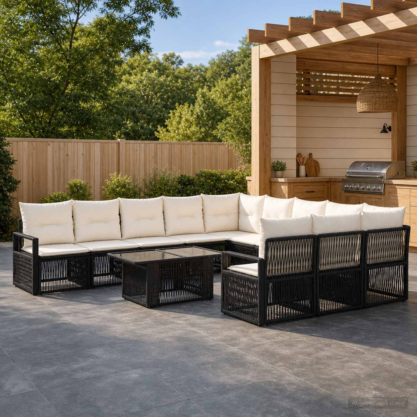 Gartensofa-set 12 stk. Schwarz und Cremeweiß Poly-Rattan
