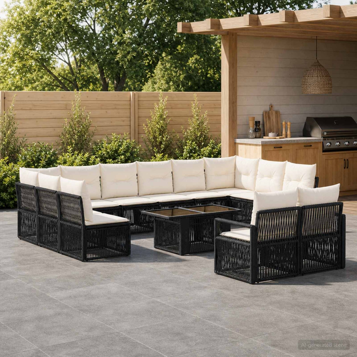 Gartensofa-set 13 stk. Schwarz und Cremeweiß Poly-Rattan