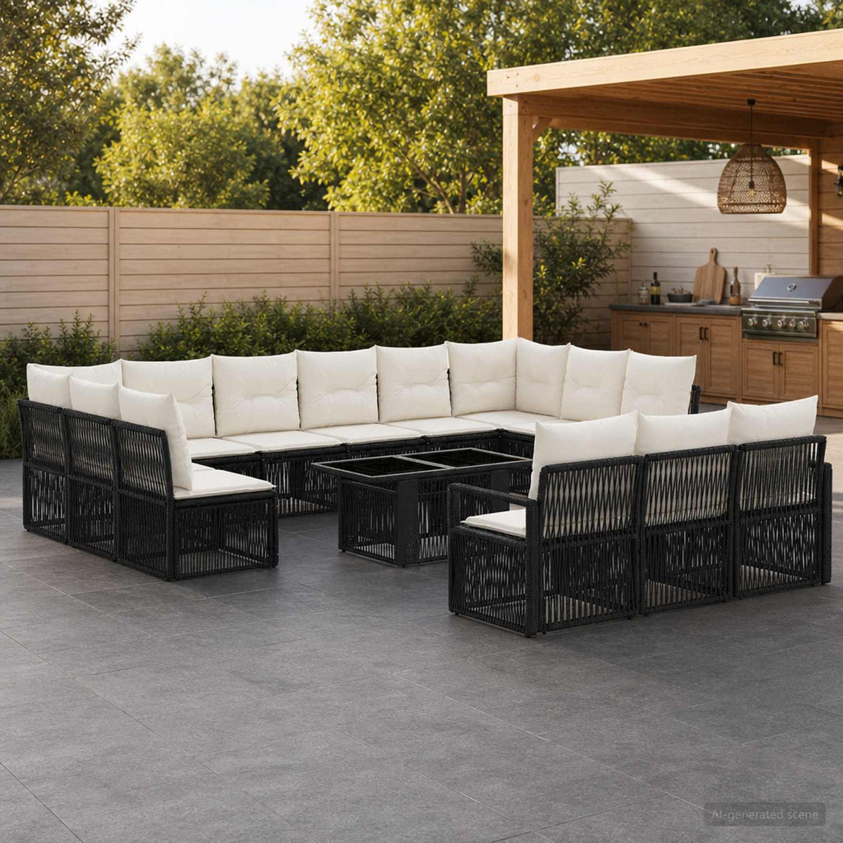 Gartensofa-set 14 stk. Schwarz und Cremeweiß Poly-Rattan