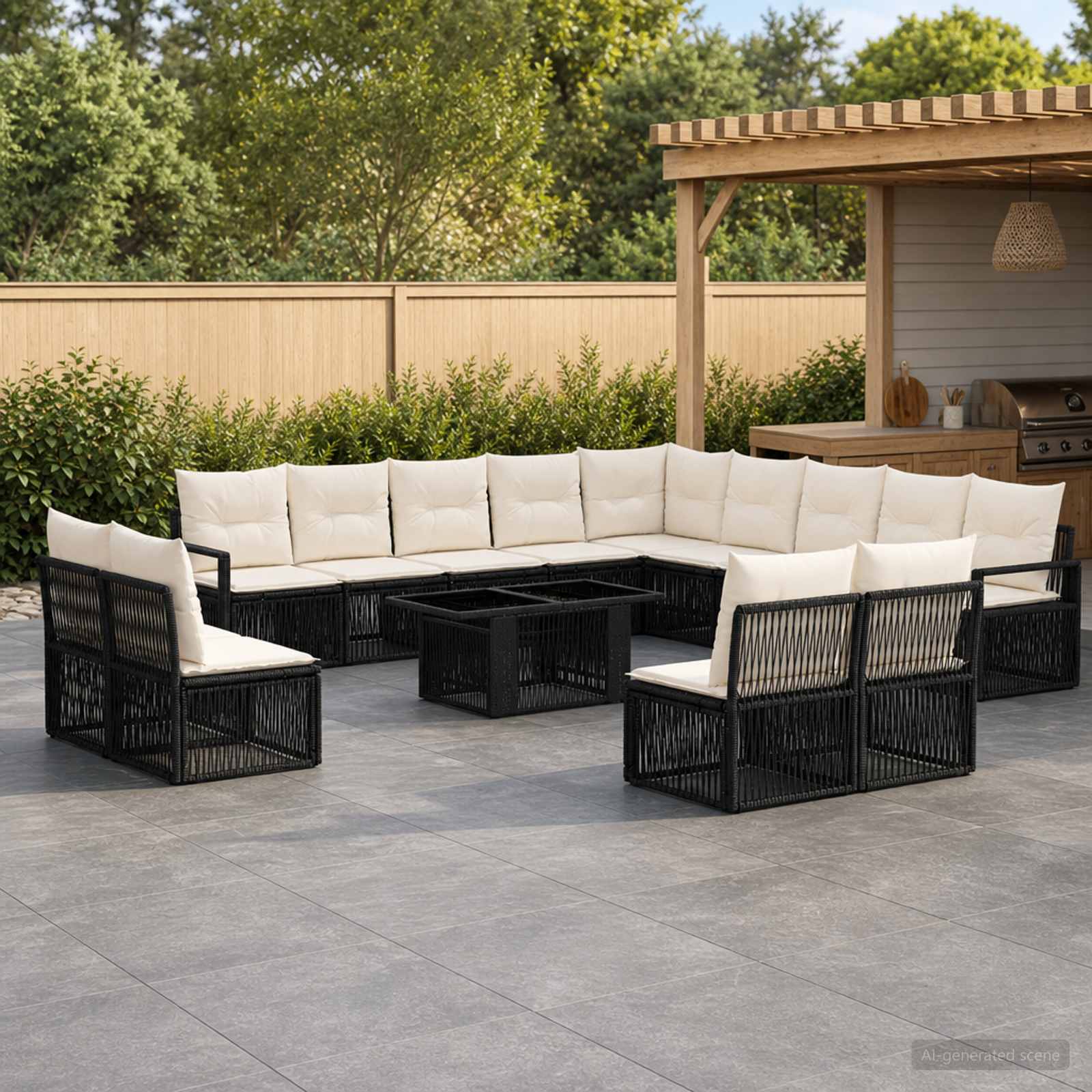 Gartensofa-set 14 stk. Schwarz und Cremeweiß Poly-Rattan