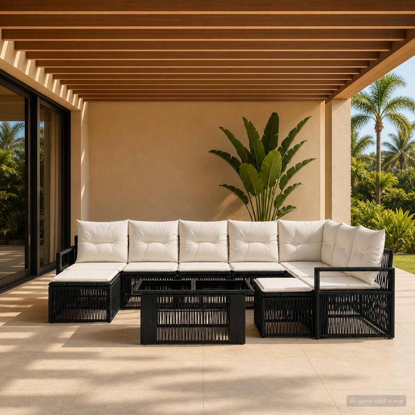 Gartensofa-set 10 stk. Schwarz und Cremeweiß Poly-Rattan