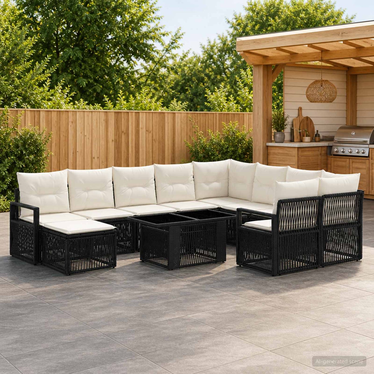 Gartensofa-set 11 stk. Schwarz und Cremeweiß Poly-Rattan