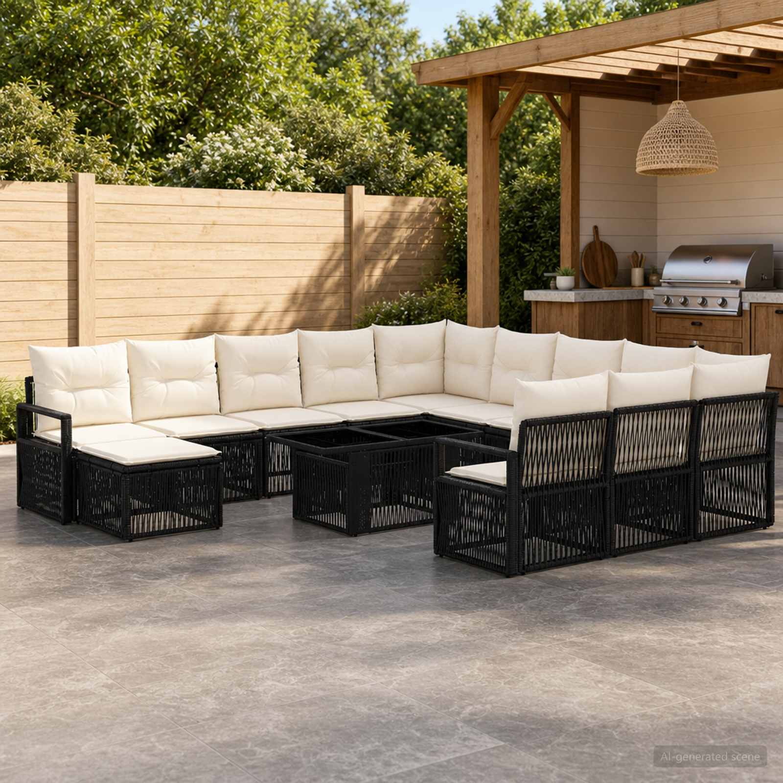 Gartensofa-set 13 stk. Schwarz und Cremeweiß Poly-Rattan