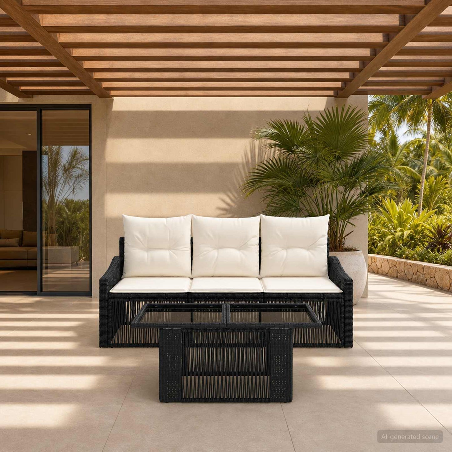 Gartensofa-set 4 stk. Schwarz und Cremeweiß Poly-Rattan
