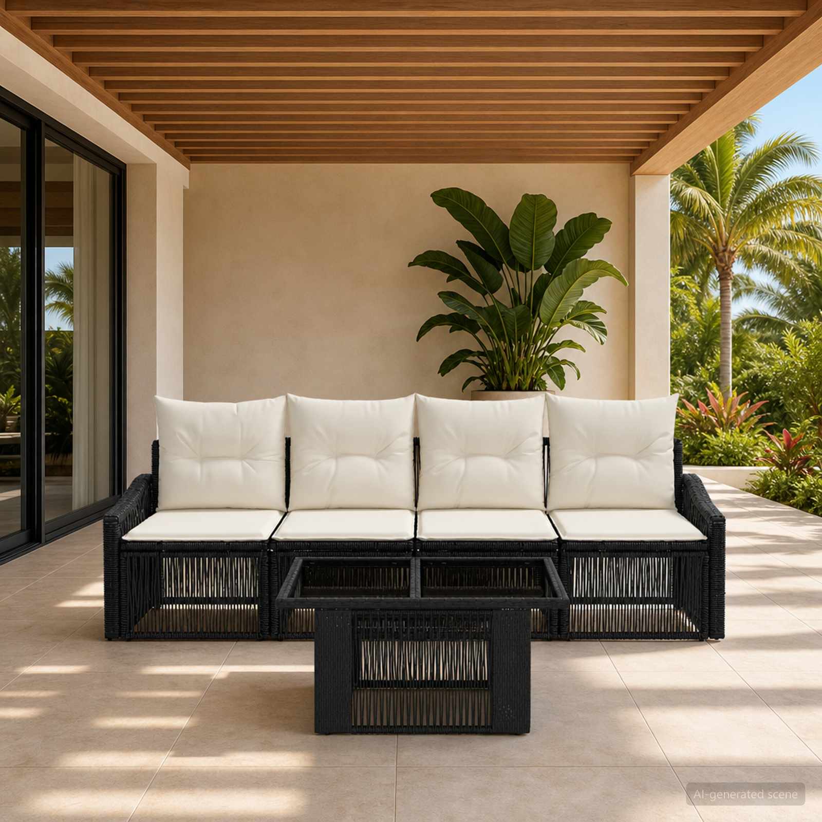 Gartensofa-set 5 stk. Schwarz und Cremeweiß Poly-Rattan