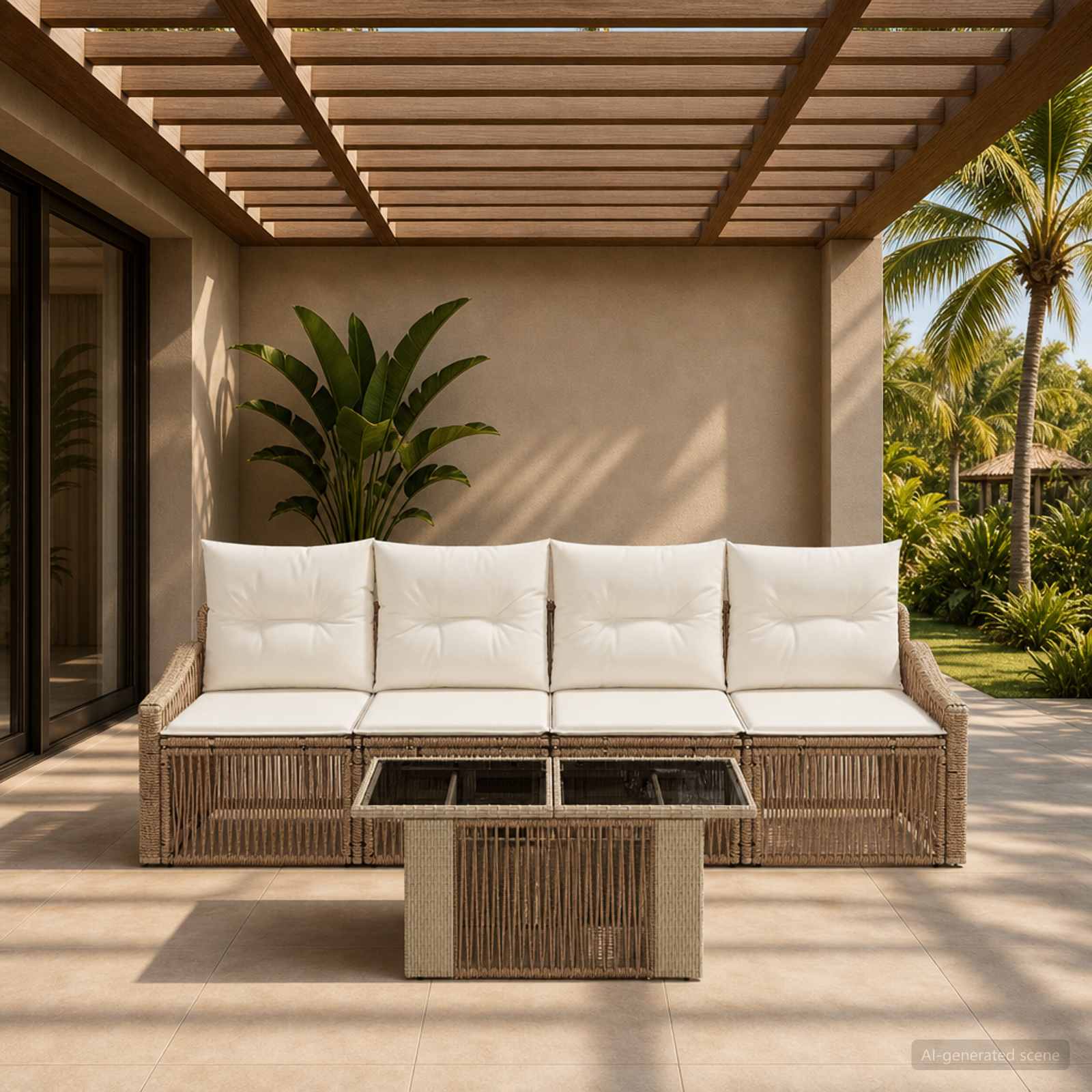 Gartensofa-set 5 stk. Beige und Cremeweiß Poly-Rattan