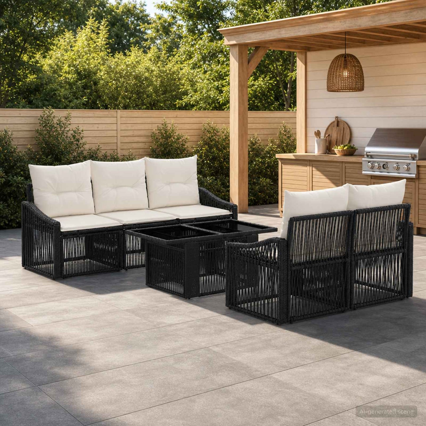 Gartensofa-set 6 stk. Schwarz und Cremeweiß Poly-Rattan