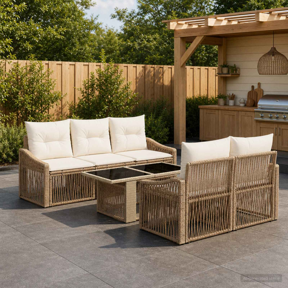 Gartensofa-set 6 stk. Beige und Cremeweiß Poly-Rattan