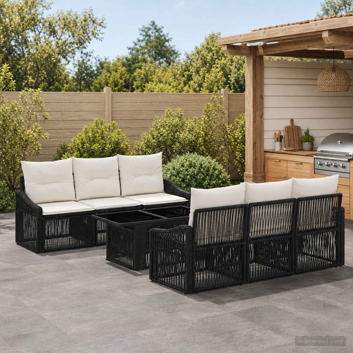 Gartensofa-set 7 stk. Schwarz und Cremeweiß Poly-Rattan