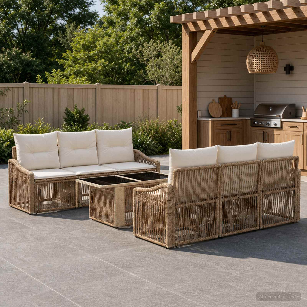 Gartensofa-set 7 stk. Beige und Cremeweiß Poly-Rattan