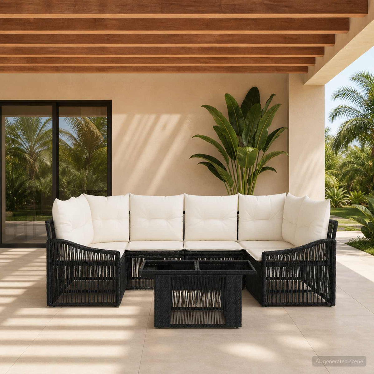 Gartensofa-set 7 stk. Schwarz und Cremeweiß Poly-Rattan